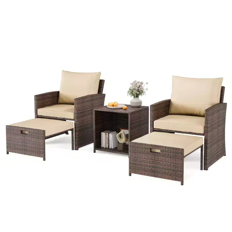 Set da conversazione per patio a 5 pezzi con schienale alto e 2 pouf e tavolo, sedie lounge in rattan PE resistente alle intemperie con morbidi cuscini