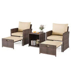 Set da conversazione per patio a 5 pezzi con schienale alto e 2 pouf e tavolo, sedie lounge in rattan PE resistente alle intemperie con morbidi cuscini