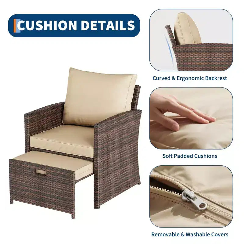 Set da conversazione per patio a 5 pezzi con schienale alto e 2 pouf e tavolo, sedie lounge in rattan PE resistente alle intemperie con morbidi cuscini