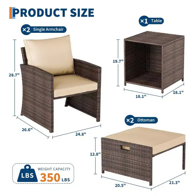 Set da conversazione per patio a 5 pezzi con schienale alto e 2 pouf e tavolo, sedie lounge in rattan PE resistente alle intemperie con morbidi cuscini