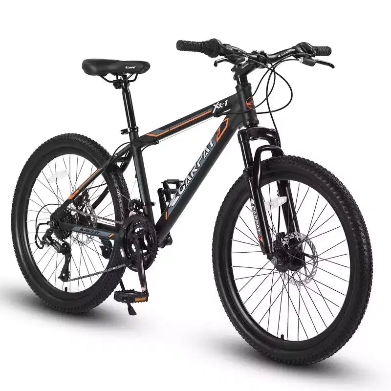 NAYSAYE Bicycle 24 Inch Mountain Bike 21 Speeds Steel Frame for Boys and Girls for Off Road Adventures, Black and Orange, 56.3*7.88*28.35