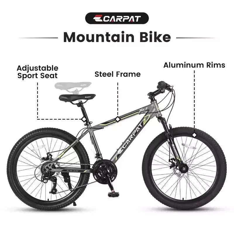 NAYSAYE Bicycle 24 Inch Mountain Bike 21 Speeds Steel Frame for Boys and Girls for Off Road Adventures, Gray, 56.3*7.88*28.35