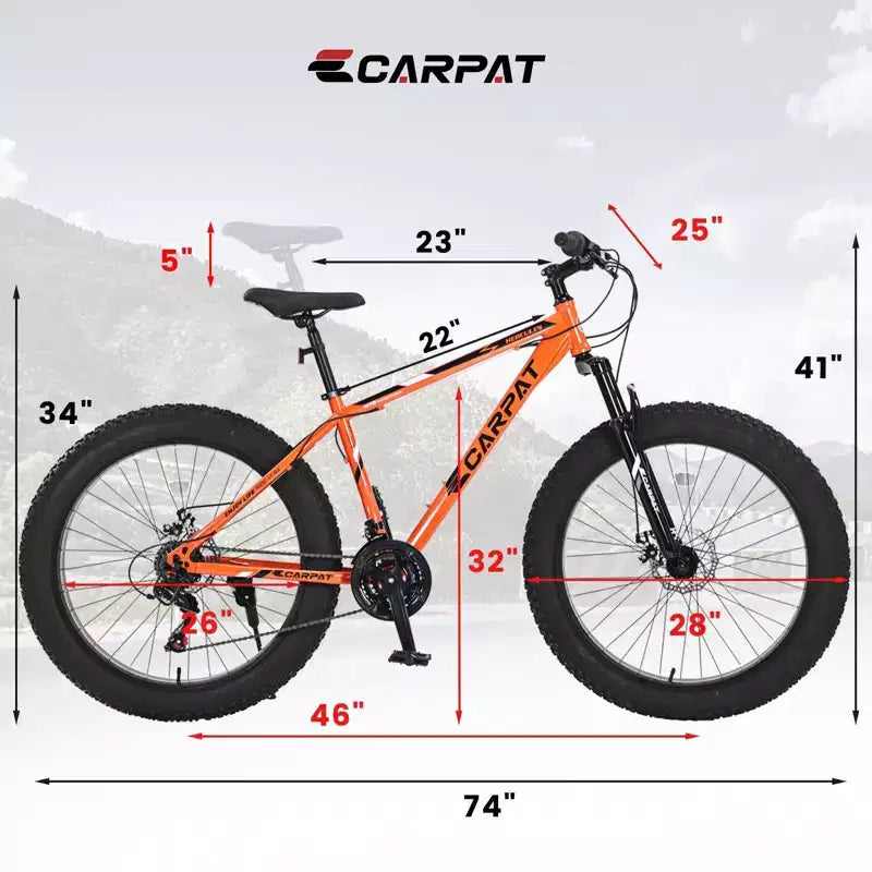 NAYSAYE Bicicletta da 26 pollici Fat Tire Bike 21 velocità Cambio Completo per Adulti e Ragazzi per Fuoristrada, Arancione, 74*25*41