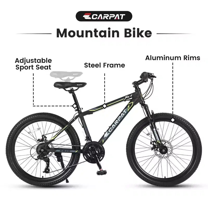 NAYSAYE Bicicletta 24 pollici Mountain Bike 21 velocità Telaio in acciaio per ragazzi e ragazze per percorsi fuoristrada, nero e verde, 56.3*7.88*28.35