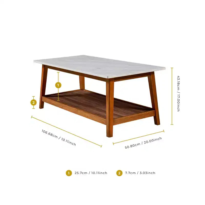 Teamson Home Kingston Coffee Table with Faux Marble Top and Storage Shelf, Walnut