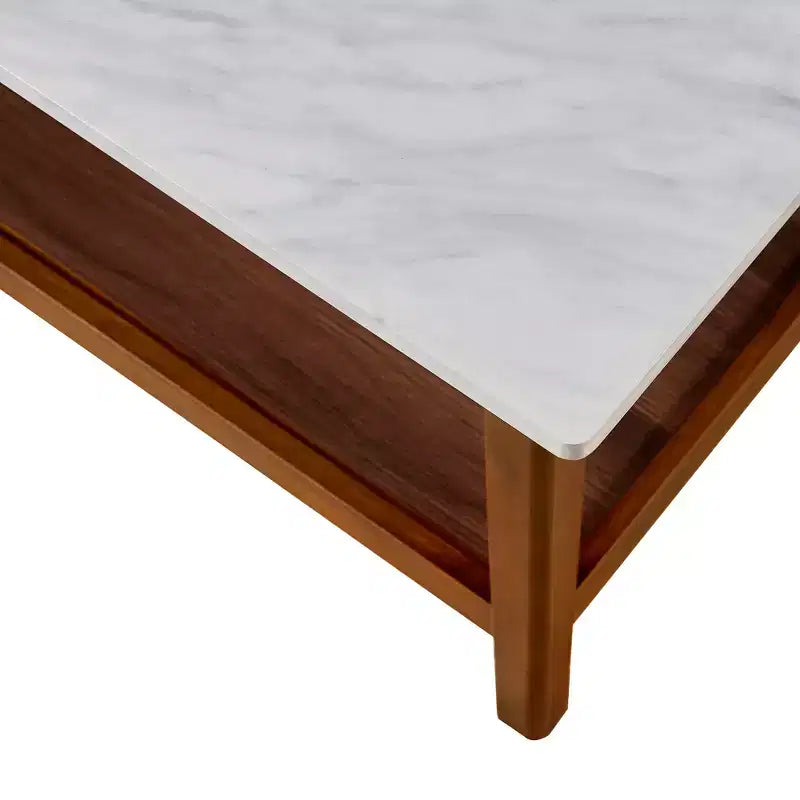 Teamson Home Kingston Coffee Table with Faux Marble Top and Storage Shelf, Walnut