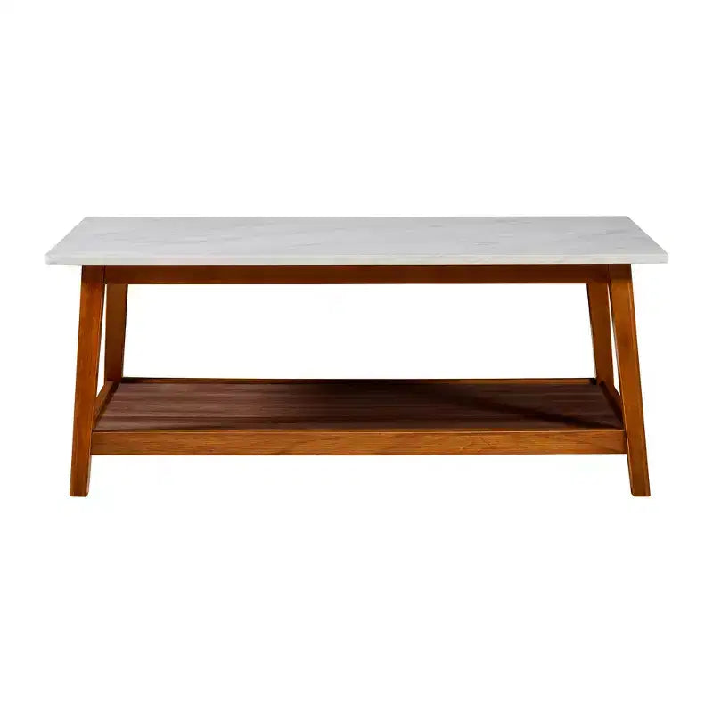Teamson Home Kingston Coffee Table with Faux Marble Top and Storage Shelf, Walnut