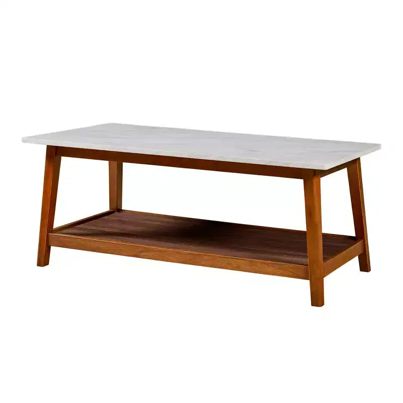 Teamson Home Kingston Coffee Table with Faux Marble Top and Storage Shelf, Walnut