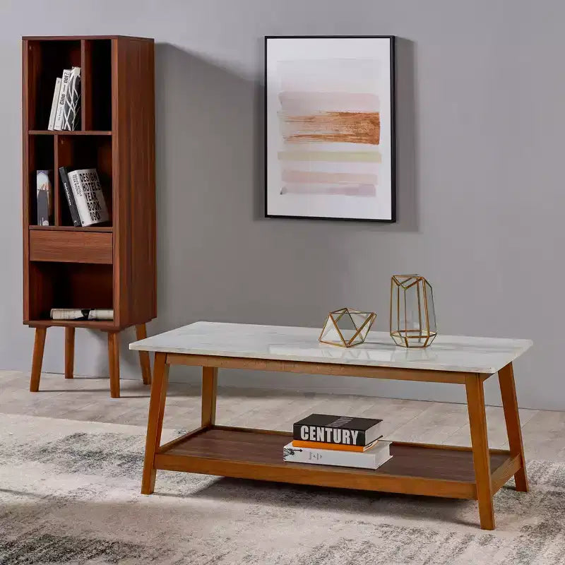 Teamson Home Kingston Coffee Table with Faux Marble Top and Storage Shelf, Walnut
