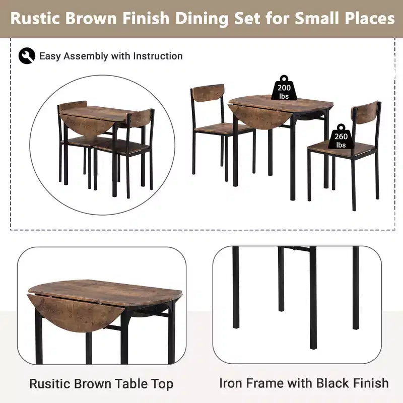 Set da pranzo rotondo a 3 pezzi Whisen con tavolo a ribalta e 2 sedie - Nero e Marrone