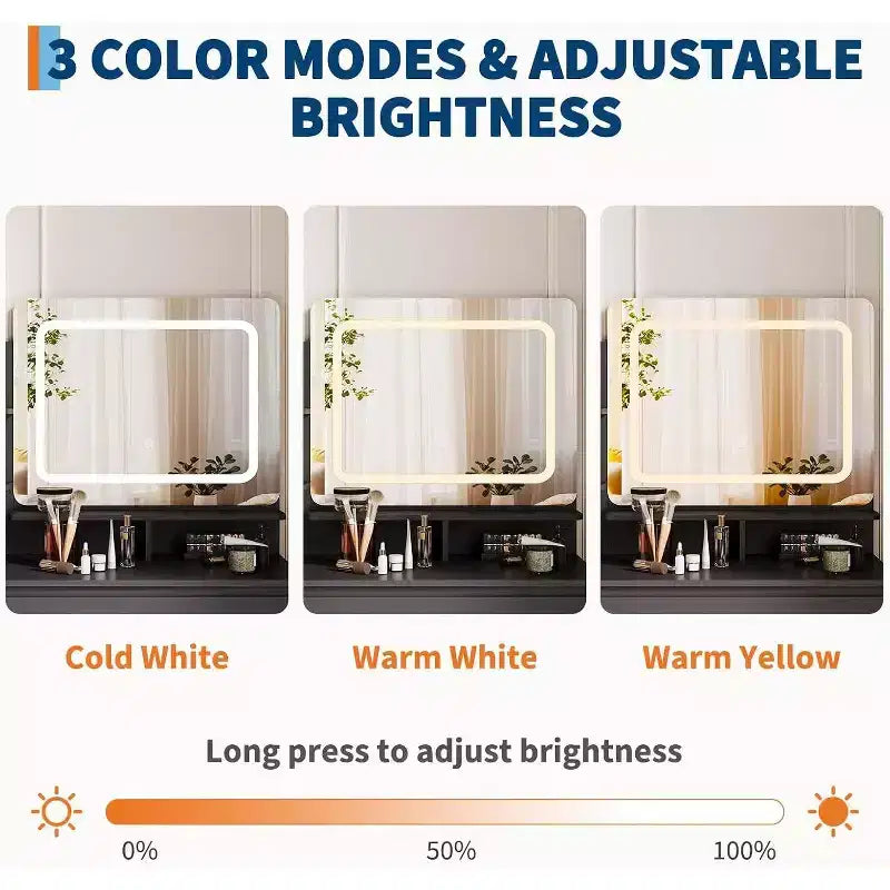 Acekool 36 Scrivania da toeletta con specchio e luci LED, prese di corrente, porte USB, 4 cassetti, mensole portaoggetti, sgabello, illuminazione a 3 colori per camera da letto, bianco