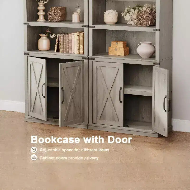 Libreria a 5 ripiani con armadietto, scaffale in legno rustico stile coloniale con ante, armadietto da esposizione a 5 livelli indipendente per soggiorno, camera da letto