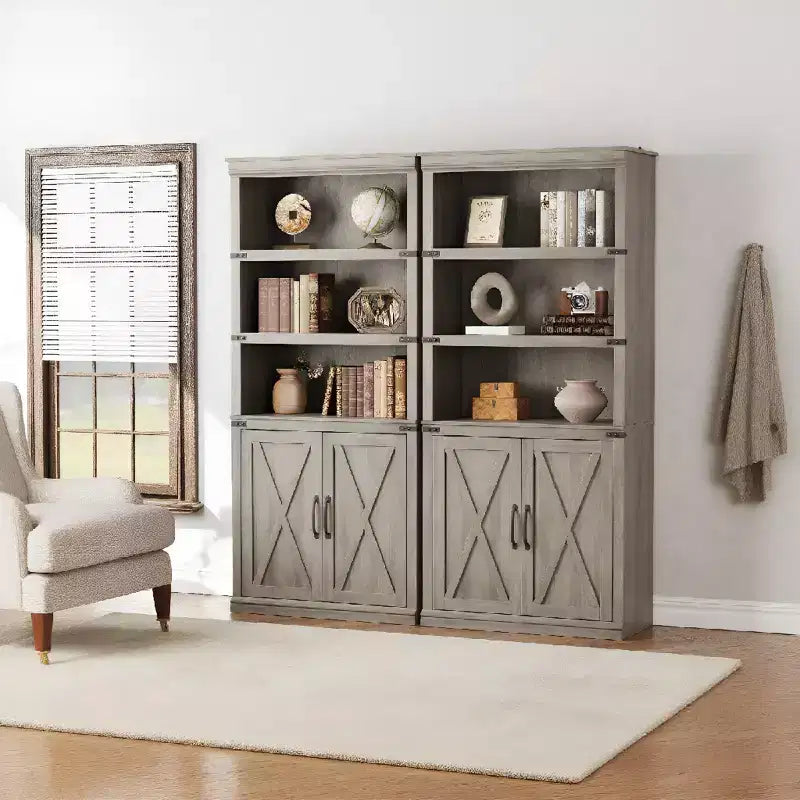 Libreria a 5 ripiani con armadietto, scaffale in legno rustico stile coloniale con ante, armadietto da esposizione a 5 livelli indipendente per soggiorno, camera da letto