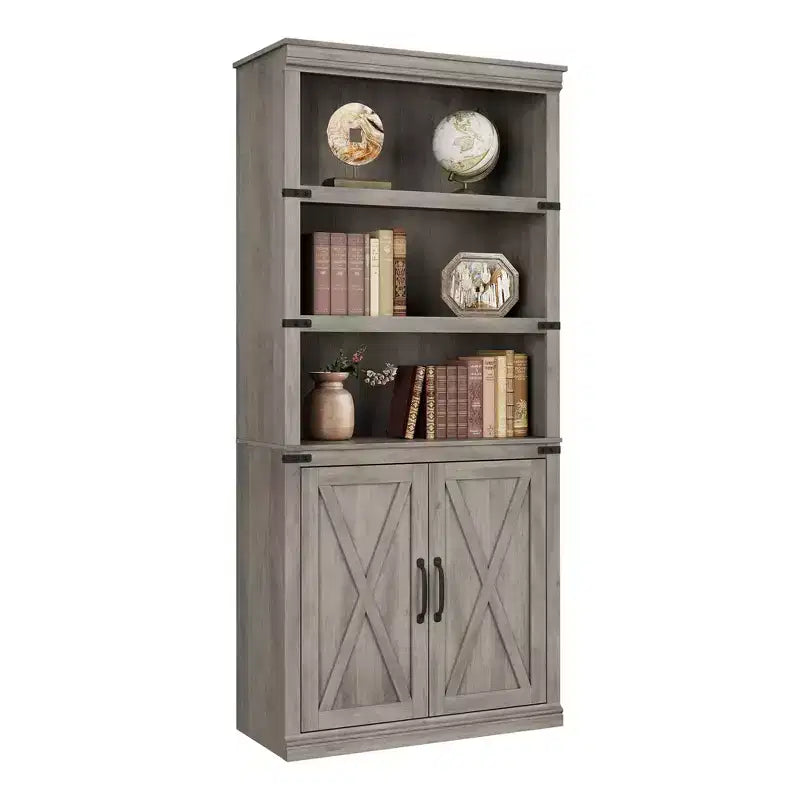 Libreria a 5 ripiani con armadietto, scaffale in legno rustico stile coloniale con ante, armadietto da esposizione a 5 livelli indipendente per soggiorno, camera da letto
