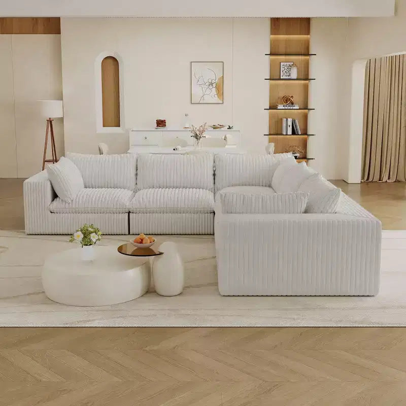 118.2 Tessuto a coste bianco fai da te Divano modulare a L a nuvola Divano con seduta profonda Design a doppio strato Cuscino rimovibile Nessun montaggio