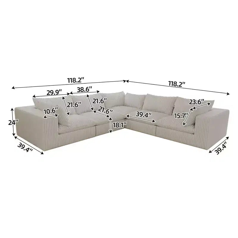 118.2 Tessuto a coste bianco fai da te Divano modulare a L a nuvola Divano con seduta profonda Design a doppio strato Cuscino rimovibile Nessun montaggio