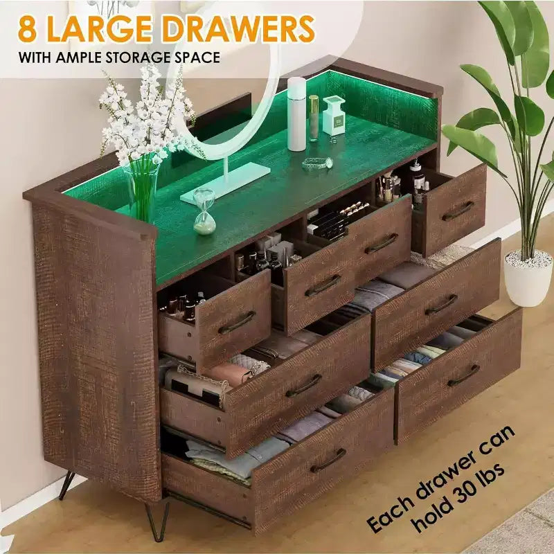Dresser TV Stand, Dresser for Bedroom w/LED Light & Charging Station Entertainment Center with Storage 8 Drawers Wooden Dressers w/Open Space