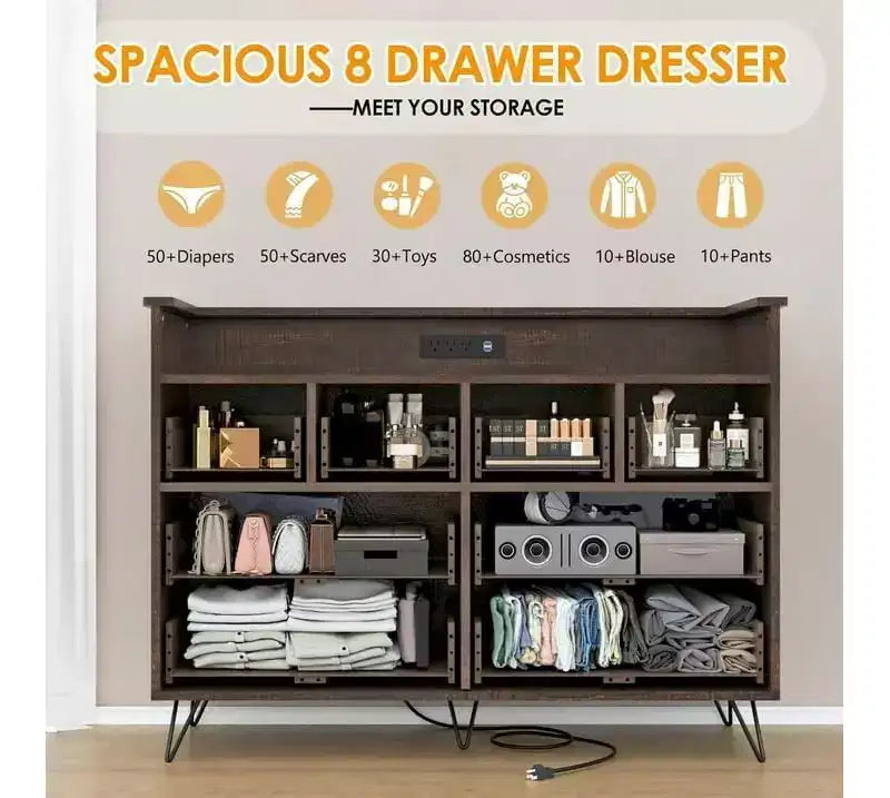 Dresser TV Stand, Dresser for Bedroom w/LED Light & Charging Station Entertainment Center with Storage 8 Drawers Wooden Dressers w/Open Space
