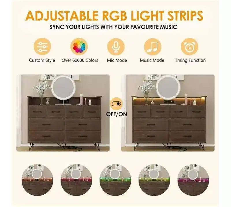 Dresser TV Stand, Dresser for Bedroom w/LED Light & Charging Station Entertainment Center with Storage 8 Drawers Wooden Dressers w/Open Space