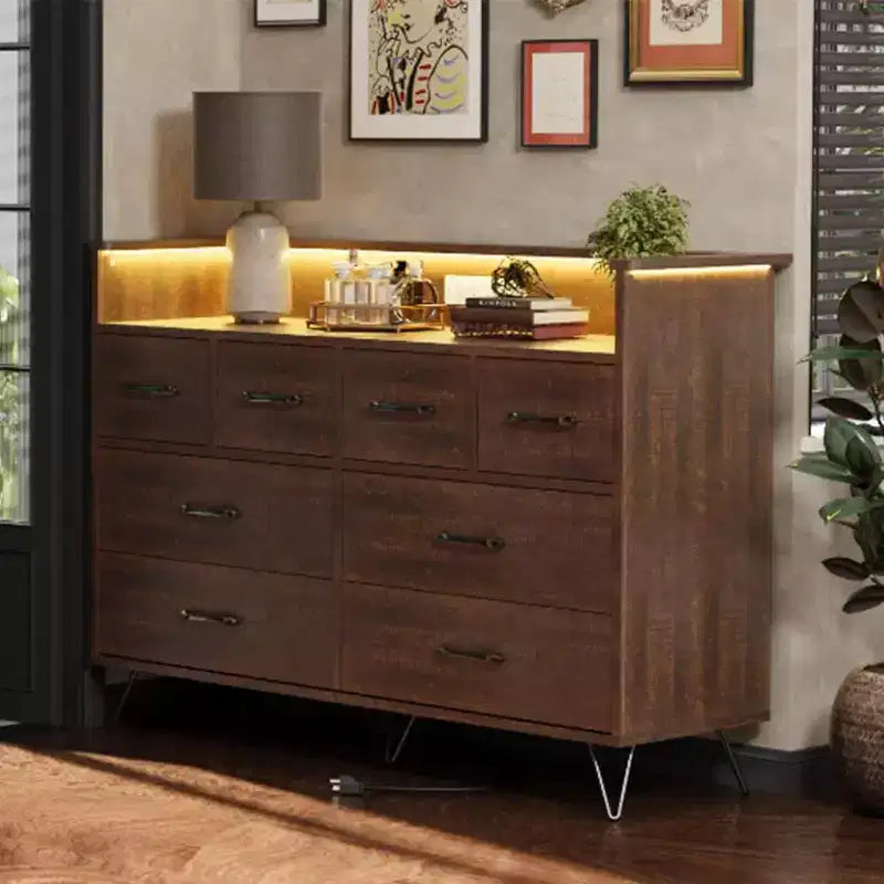 Dresser TV Stand, Dresser for Bedroom w/LED Light & Charging Station Entertainment Center with Storage 8 Drawers Wooden Dressers w/Open Space