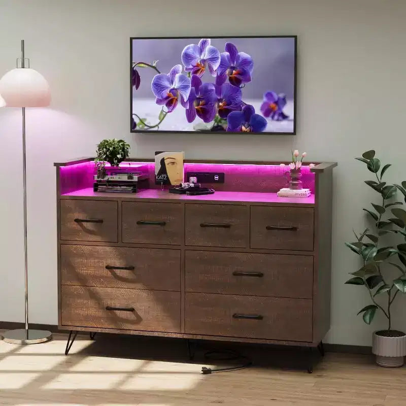 Dresser TV Stand, Dresser for Bedroom w/LED Light & Charging Station Entertainment Center with Storage 8 Drawers Wooden Dressers w/Open Space