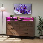 Dresser TV Stand, Dresser for Bedroom w/LED Light & Charging Station Entertainment Center with Storage 8 Drawers Wooden Dressers w/Open Space