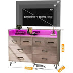 Dresser TV Stand, Dresser for Bedroom w/LED Light & Charging Station Entertainment Center with Storage 8 Drawers Wooden Dressers w/Open Space