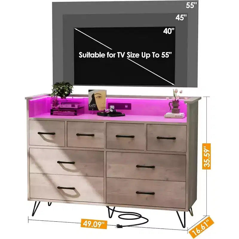 Dresser TV Stand, Dresser for Bedroom w/LED Light & Charging Station Entertainment Center with Storage 8 Drawers Wooden Dressers w/Open Space