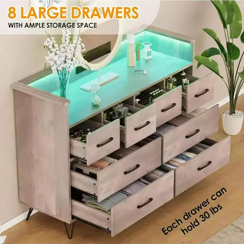 Dresser TV Stand, Dresser for Bedroom w/LED Light & Charging Station Entertainment Center with Storage 8 Drawers Wooden Dressers w/Open Space