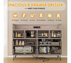 Dresser TV Stand, Dresser for Bedroom w/LED Light & Charging Station Entertainment Center with Storage 8 Drawers Wooden Dressers w/Open Space