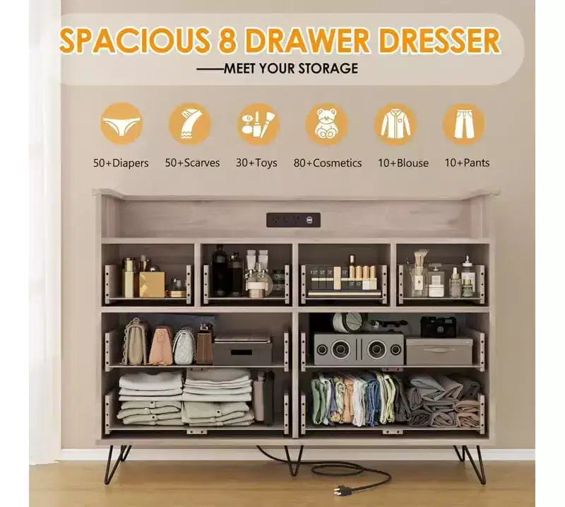 Dresser TV Stand, Dresser for Bedroom w/LED Light & Charging Station Entertainment Center with Storage 8 Drawers Wooden Dressers w/Open Space