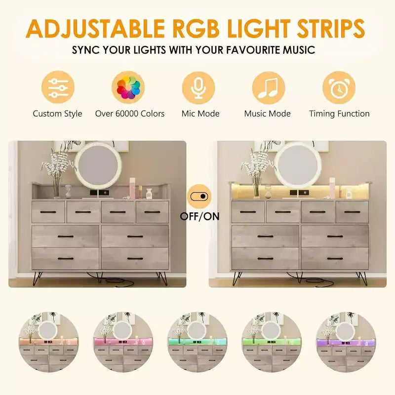 Dresser TV Stand, Dresser for Bedroom w/LED Light & Charging Station Entertainment Center with Storage 8 Drawers Wooden Dressers w/Open Space