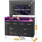 Dresser TV Stand, Dresser for Bedroom w/LED Light & Charging Station Entertainment Center with Storage 8 Drawers Wooden Dressers w/Open Space