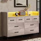Dresser TV Stand, Dresser for Bedroom w/LED Light & Charging Station Entertainment Center with Storage 8 Drawers Wooden Dressers w/Open Space