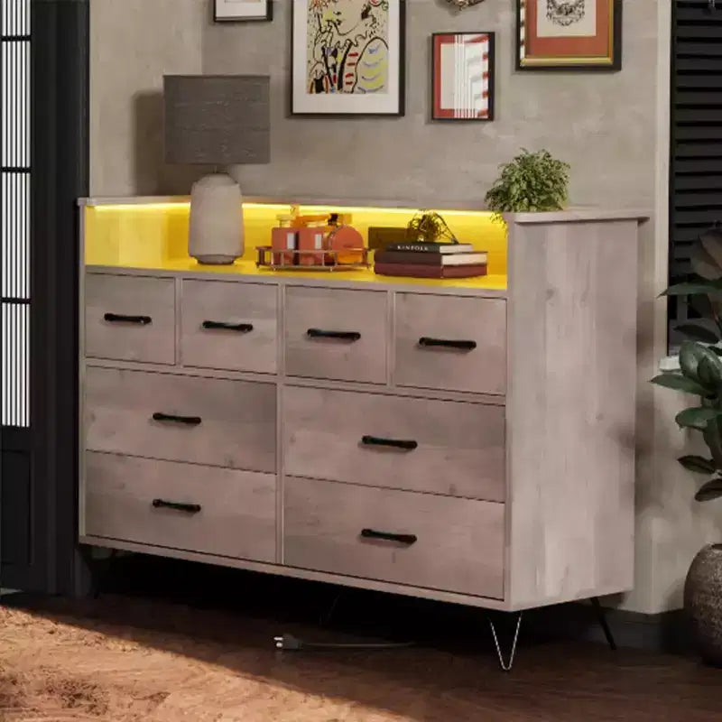 Dresser TV Stand, Dresser for Bedroom w/LED Light & Charging Station Entertainment Center with Storage 8 Drawers Wooden Dressers w/Open Space