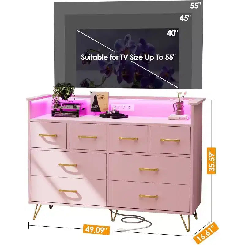 Dresser TV Stand, Dresser for Bedroom w/LED Light & Charging Station Entertainment Center with Storage 8 Drawers Wooden Dressers w/Open Space