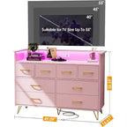 Dresser TV Stand, Dresser for Bedroom w/LED Light & Charging Station Entertainment Center with Storage 8 Drawers Wooden Dressers w/Open Space