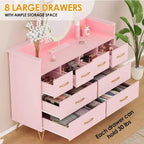 Dresser TV Stand, Dresser for Bedroom w/LED Light & Charging Station Entertainment Center with Storage 8 Drawers Wooden Dressers w/Open Space