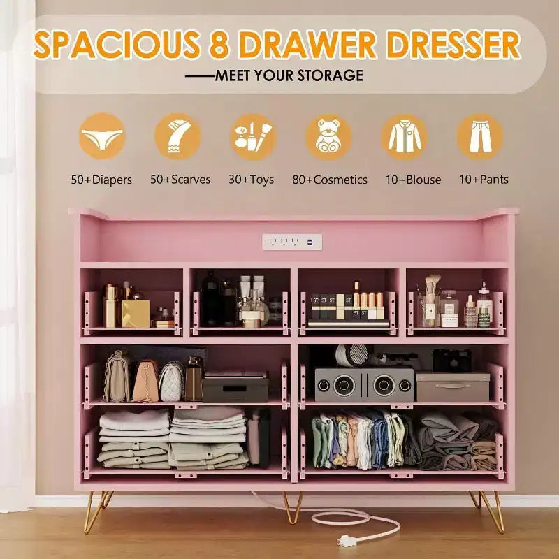 Dresser TV Stand, Dresser for Bedroom w/LED Light & Charging Station Entertainment Center with Storage 8 Drawers Wooden Dressers w/Open Space