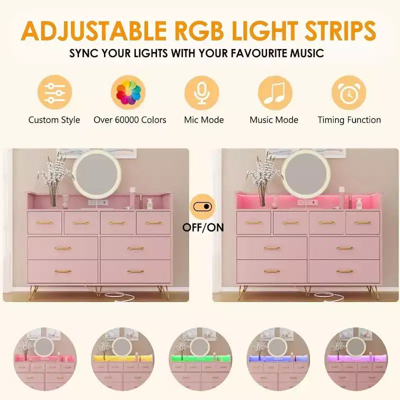 Dresser TV Stand, Dresser for Bedroom w/LED Light & Charging Station Entertainment Center with Storage 8 Drawers Wooden Dressers w/Open Space