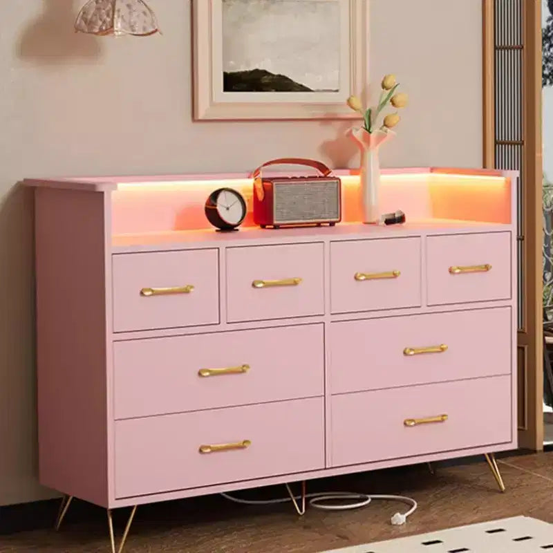 Dresser TV Stand, Dresser for Bedroom w/LED Light & Charging Station Entertainment Center with Storage 8 Drawers Wooden Dressers w/Open Space