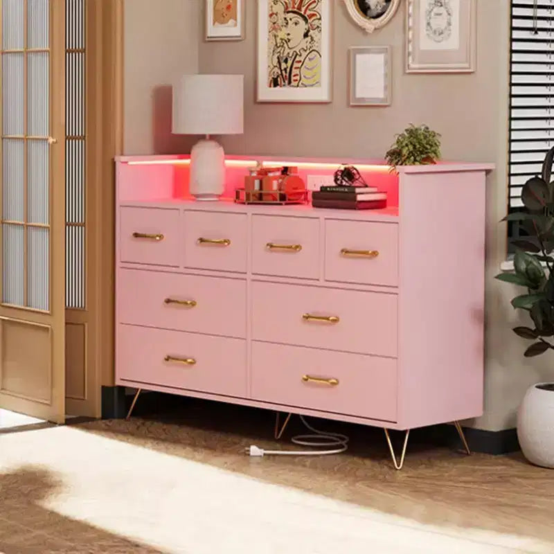 Dresser TV Stand, Dresser for Bedroom w/LED Light & Charging Station Entertainment Center with Storage 8 Drawers Wooden Dressers w/Open Space