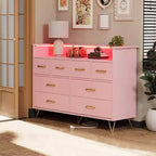 Dresser TV Stand, Dresser for Bedroom w/LED Light & Charging Station Entertainment Center with Storage 8 Drawers Wooden Dressers w/Open Space