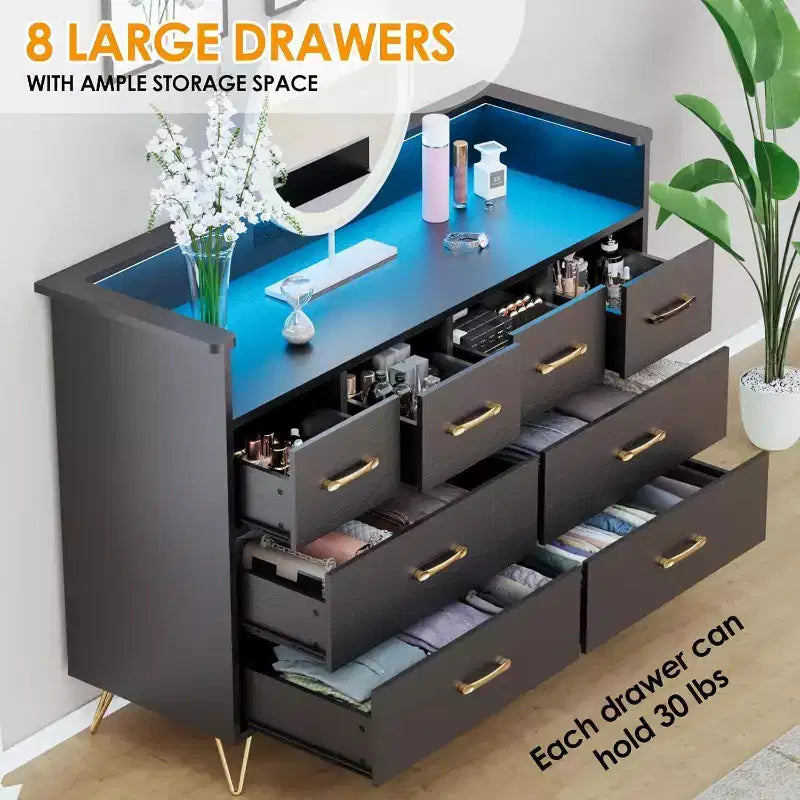 Dresser TV Stand, Dresser for Bedroom w/LED Light & Charging Station Entertainment Center with Storage 8 Drawers Wooden Dressers w/Open Space