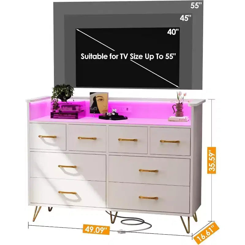 Dresser TV Stand, Dresser for Bedroom w/LED Light & Charging Station Entertainment Center with Storage 8 Drawers Wooden Dressers w/Open Space