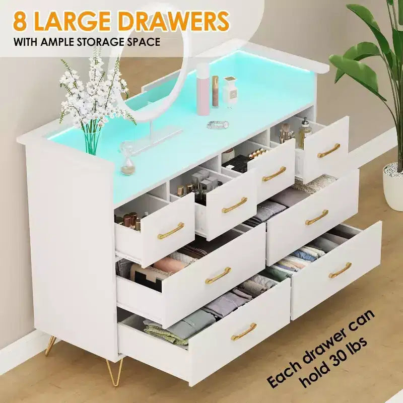 Dresser TV Stand, Dresser for Bedroom w/LED Light & Charging Station Entertainment Center with Storage 8 Drawers Wooden Dressers w/Open Space