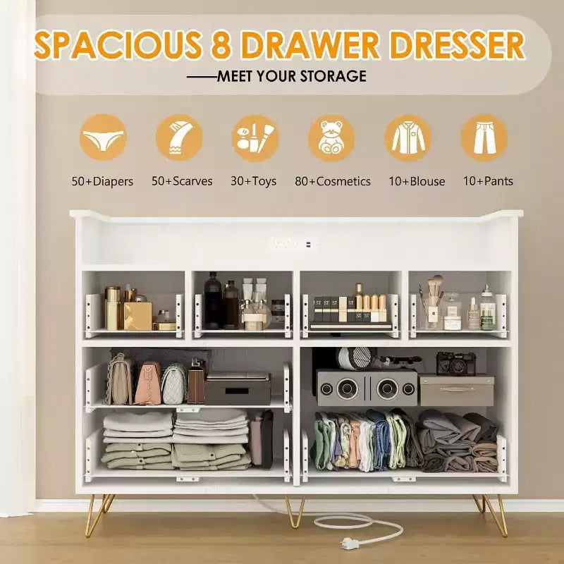 Dresser TV Stand, Dresser for Bedroom w/LED Light & Charging Station Entertainment Center with Storage 8 Drawers Wooden Dressers w/Open Space