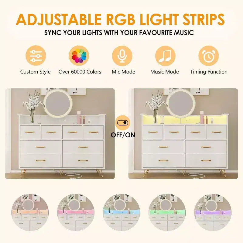 Dresser TV Stand, Dresser for Bedroom w/LED Light & Charging Station Entertainment Center with Storage 8 Drawers Wooden Dressers w/Open Space