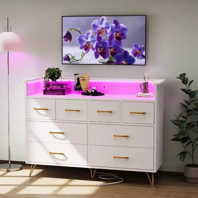 Dresser TV Stand, Dresser for Bedroom w/LED Light & Charging Station Entertainment Center with Storage 8 Drawers Wooden Dressers w/Open Space