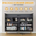 Dresser TV Stand, Dresser for Bedroom w/LED Light & Charging Station Entertainment Center with Storage 8 Drawers Wooden Dressers w/Open Space